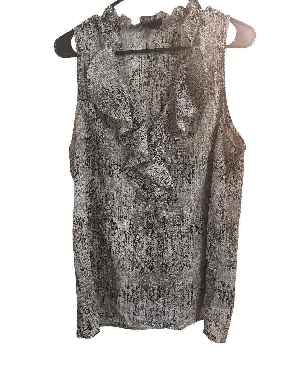 Wassio Sleeveless Ruffle Neck Blouse Gray Black Print XL
